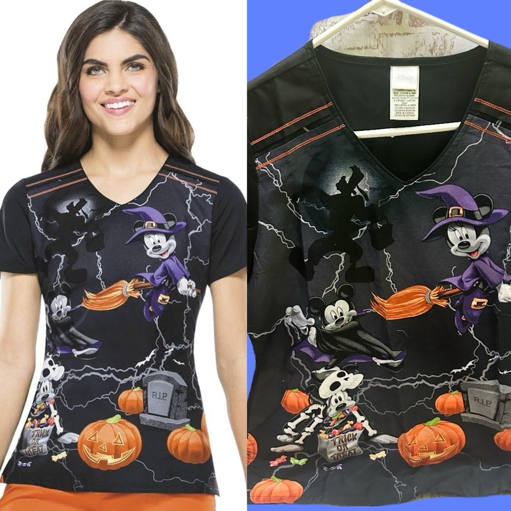 Disney Minnie Mouse Halloween Scrub Black and Gray V-Neck Shirt M